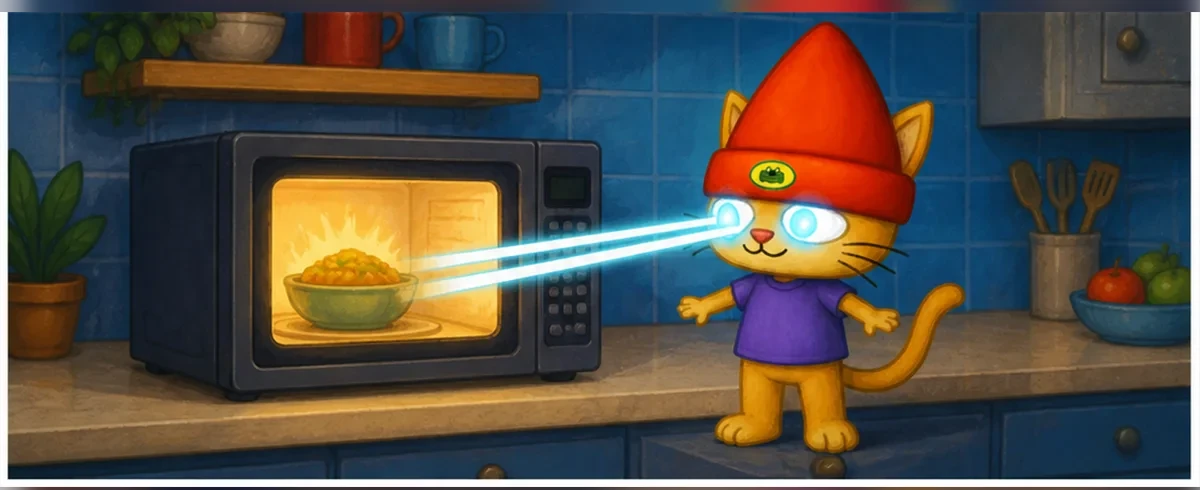 Beam Cat looks at a microwave that has turned on